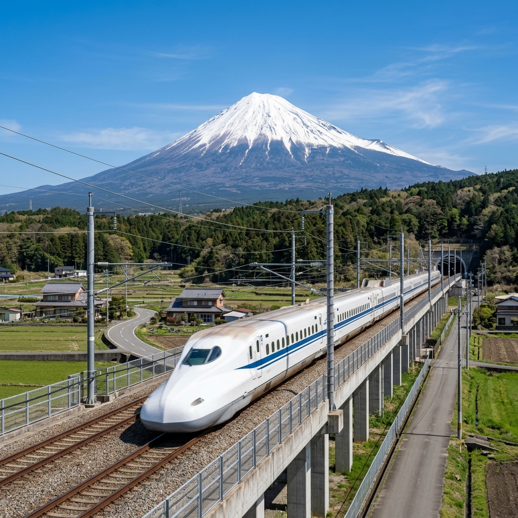 A sleek, modern white and blue Japanese Shinkansen bullet train speeding past Mount Fuji under a clear blue sky