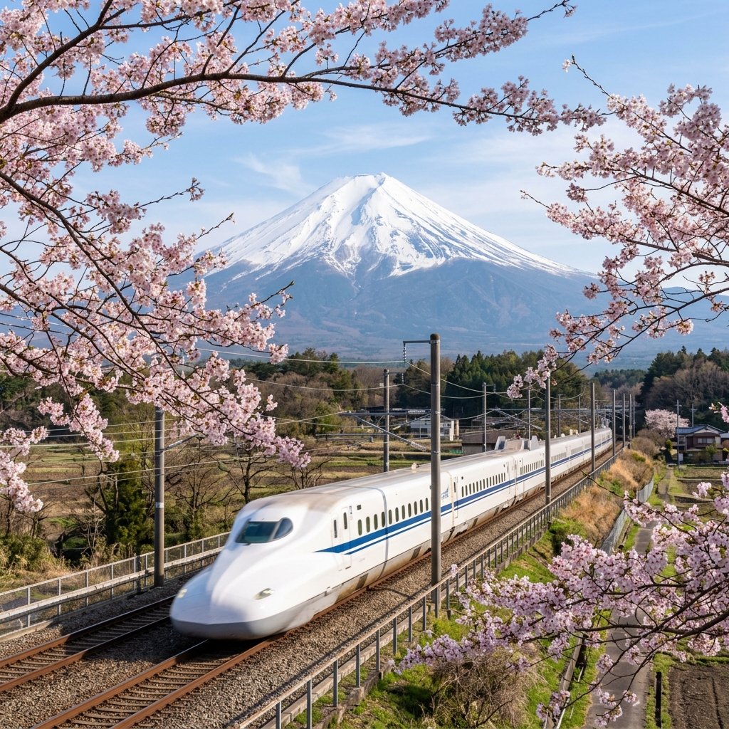 A sleek Japanese Shinkansen bullet train passing in front of a majestic Mount Fuji with cherry blossoms framing the shot