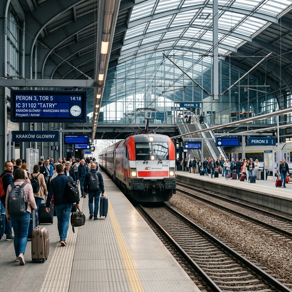 A passenger train arriving at Kraków Główny railway station in Poland