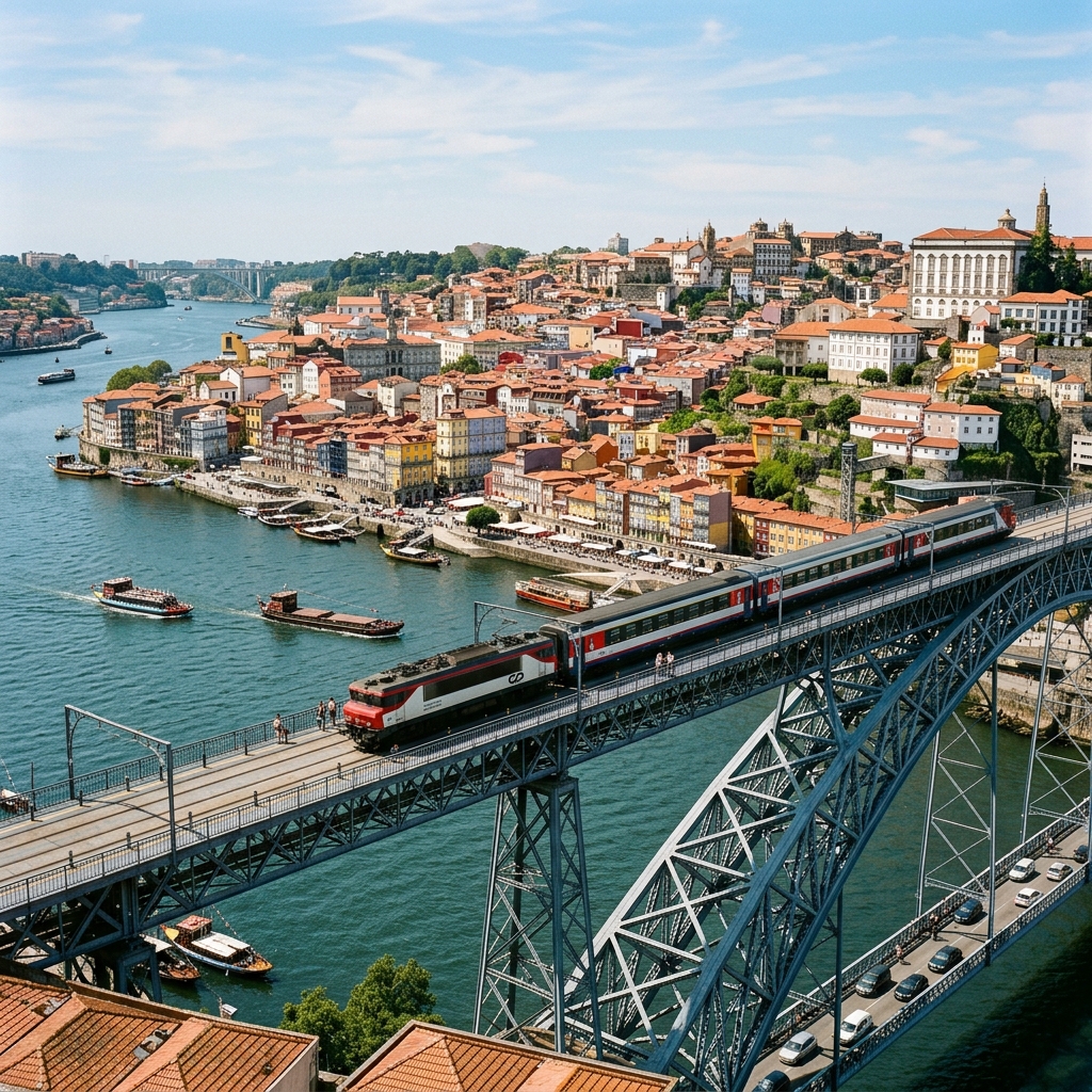 A modern passenger train crossing the Douro River on the bridge in Porto