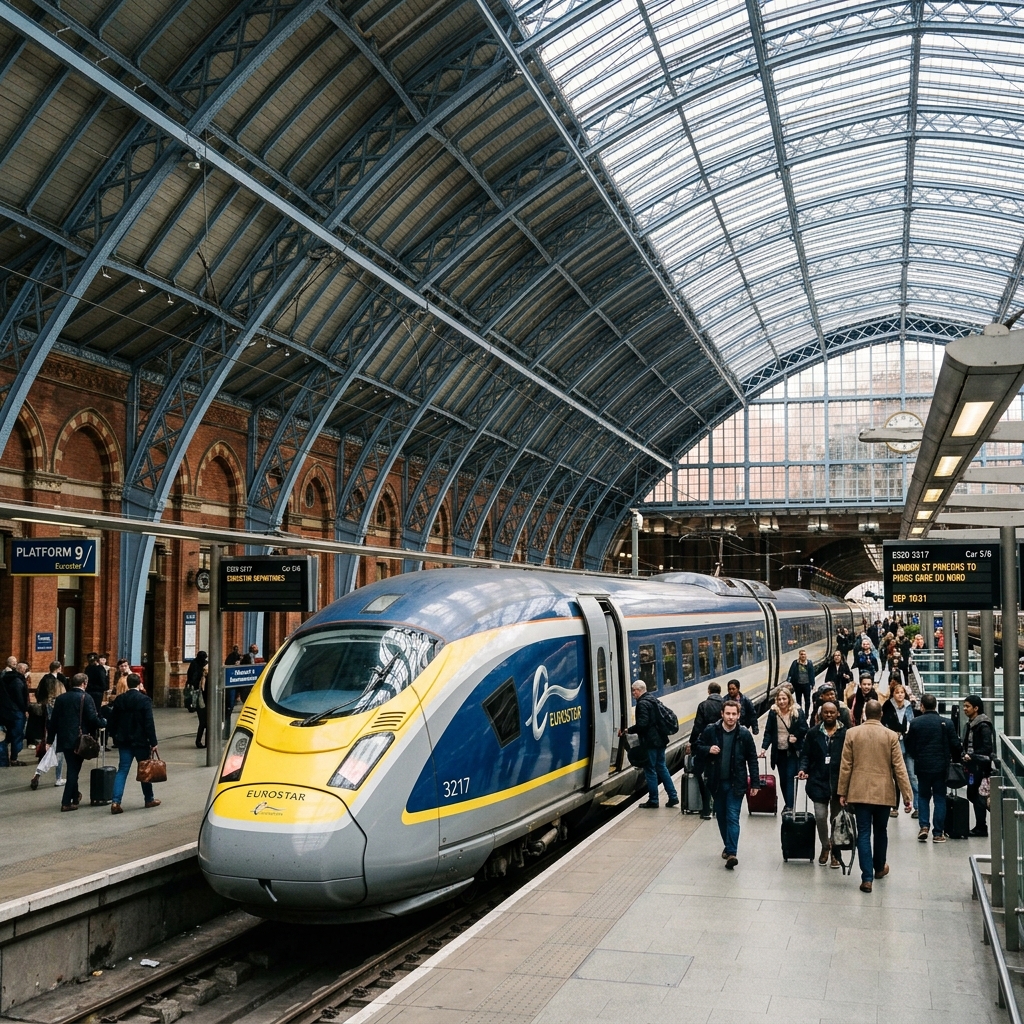 A high-speed Eurostar train parked at the platforms of London St Pancras station