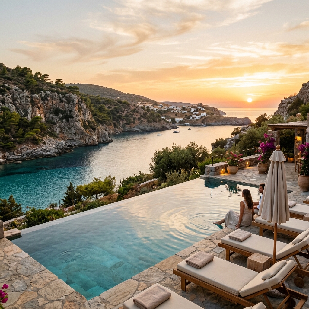 A quiet luxury infinity pool overlooking a secluded Mediterranean cove during sunset, with stone architecture and sunbeds