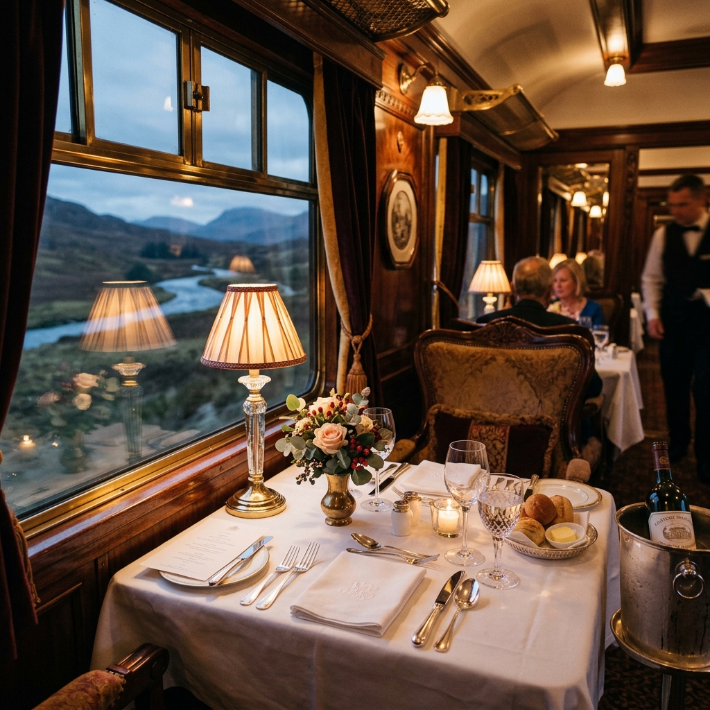 An elegantly set dining table with crystal glasses and a table lamp in a historic wooden luxury train carriage