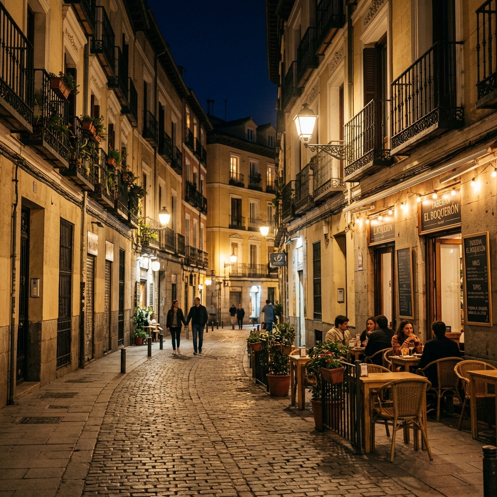 A quiet historic street in Madrid at night with warm streetlamp illumination
