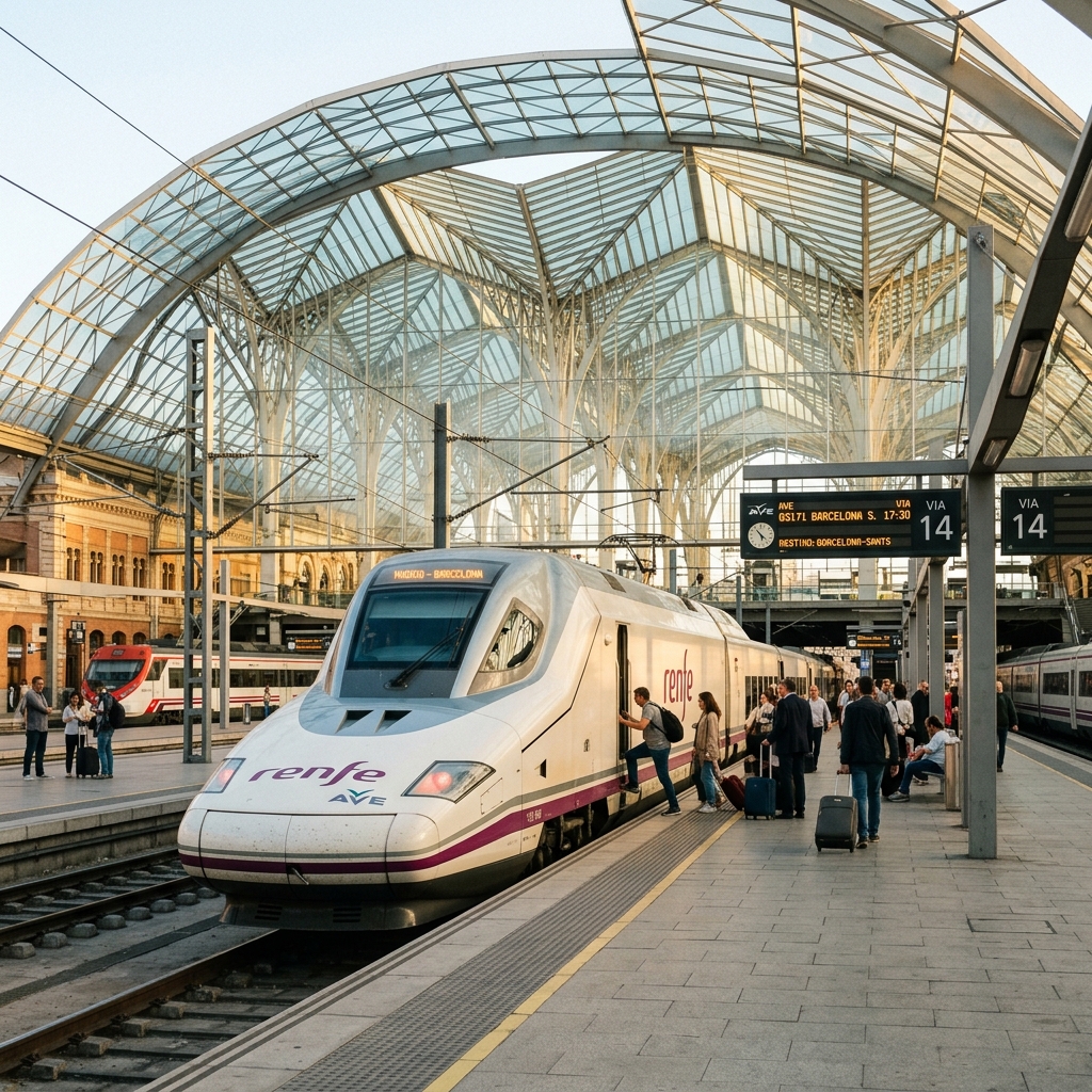 A sleek Renfe AVE high-speed train at Madrid Atocha station platform