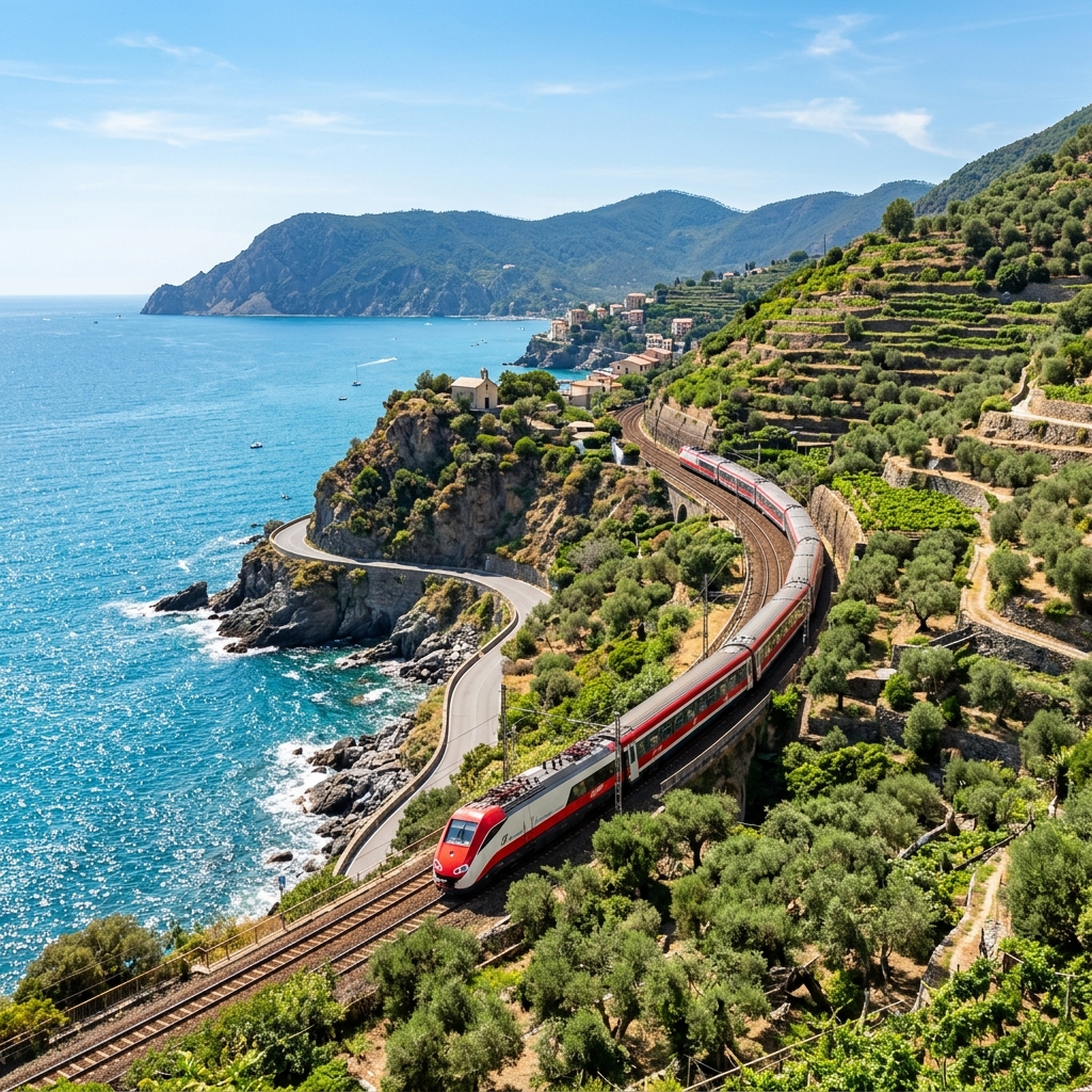 A passenger train curving along the scenic Mediterranean coast on a sunny day