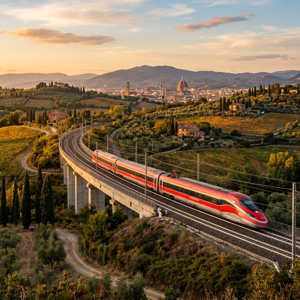 A high-speed Italian Frecciarossa train passing through the scenic Tuscan countryside near Florence at golden hour