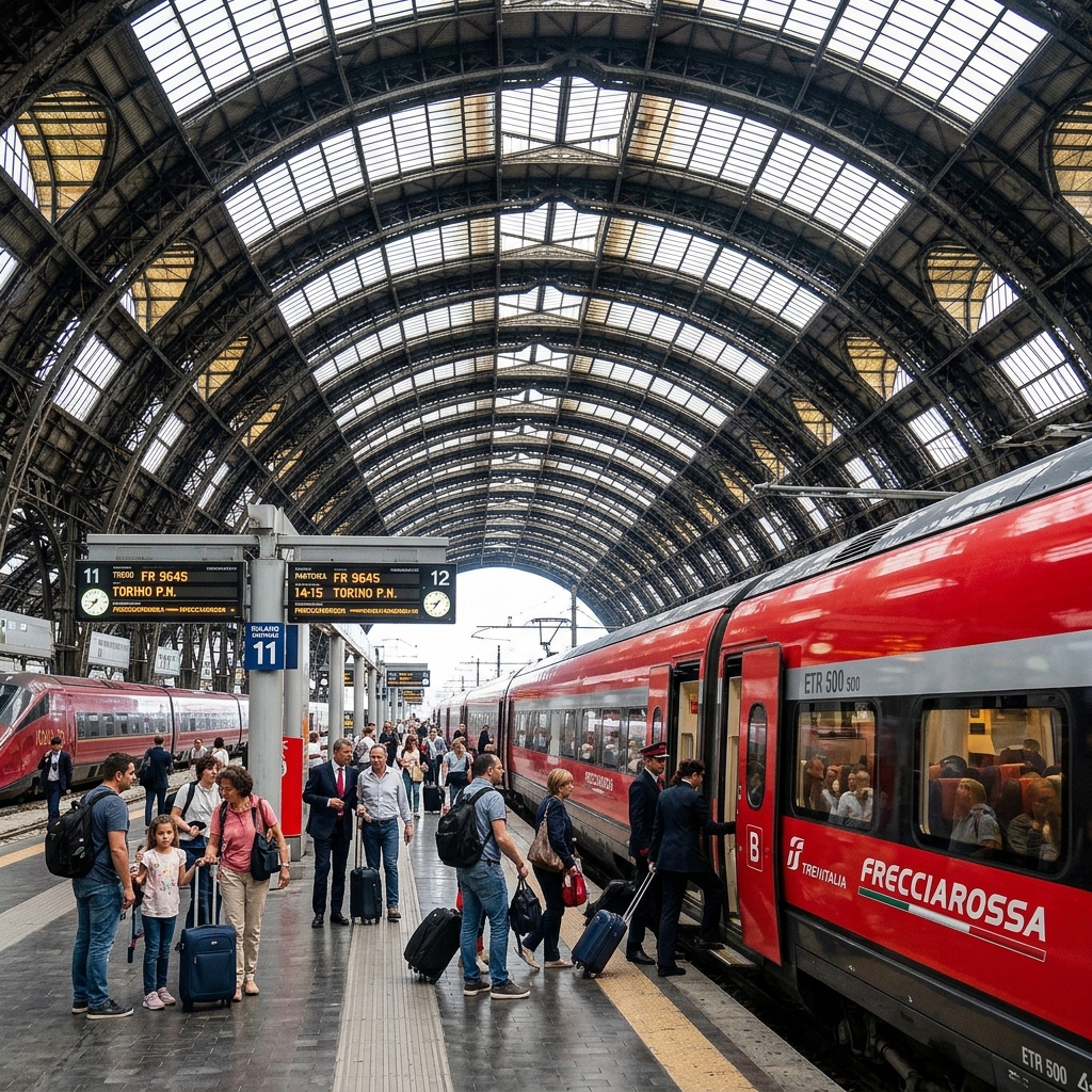 A red Frecciarossa high-speed train at Milano Centrale station platform