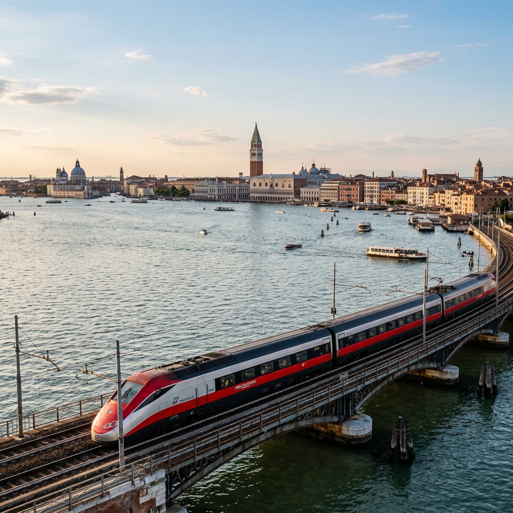 A passenger train crossing the railway bridge across the lagoon to Venice