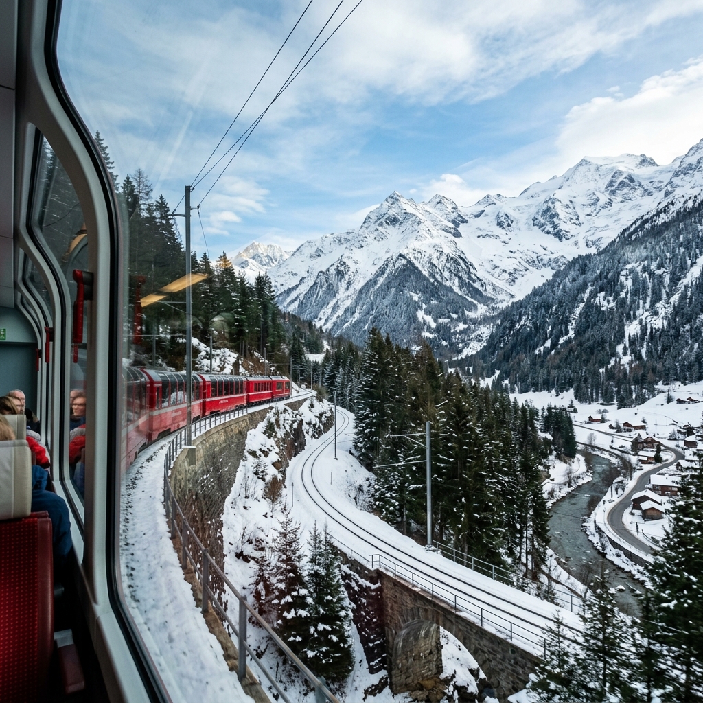 A red Swiss panoramic train winding through snow-capped mountains in the Alps