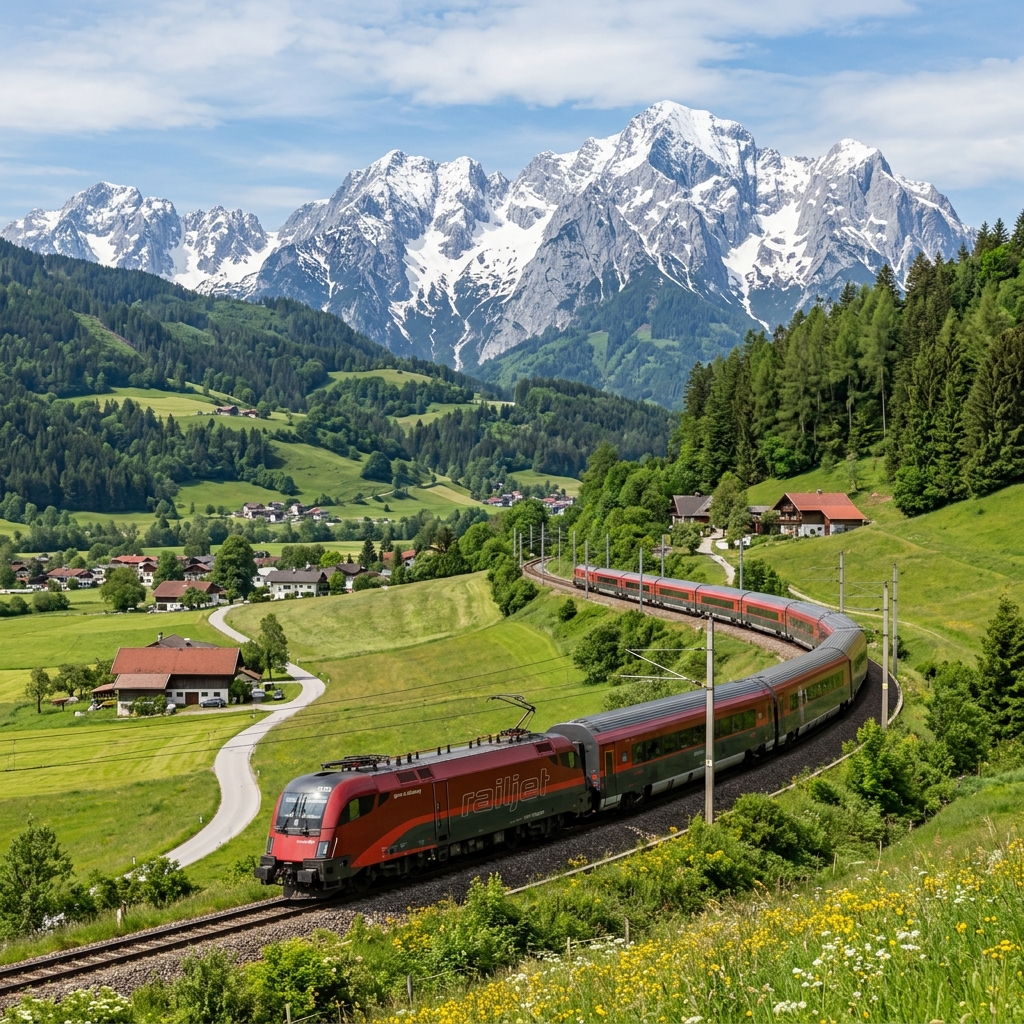 A red and grey Austrian Railjet train passing through the Austrian alpine foothills