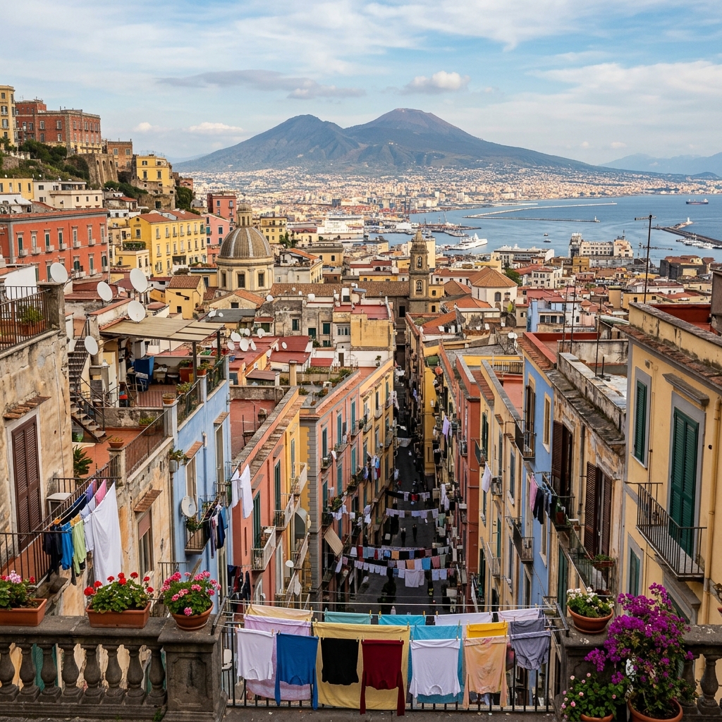 A scenic view over Naples rooftops with Mount Vesuvius in the background