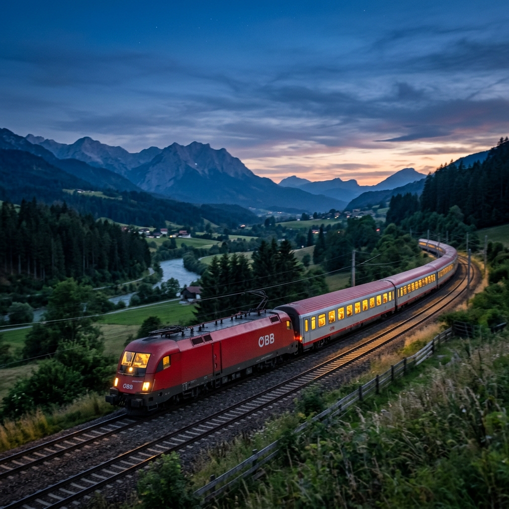An ÖBB Nightjet passenger train winding through the European mountains at twilight, with warm cabin lights glowing through the windows