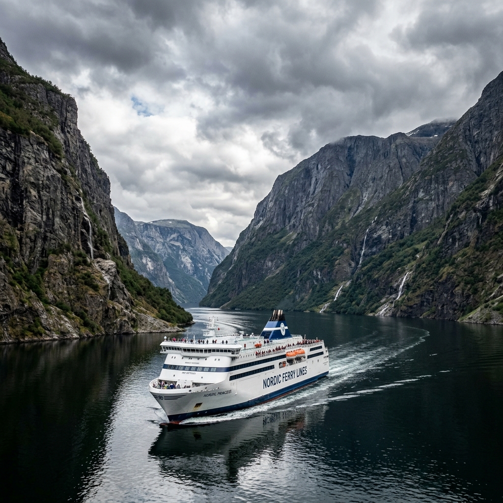 A passenger ferry sailing through a deep Norwegian fjord surrounded by cliffs