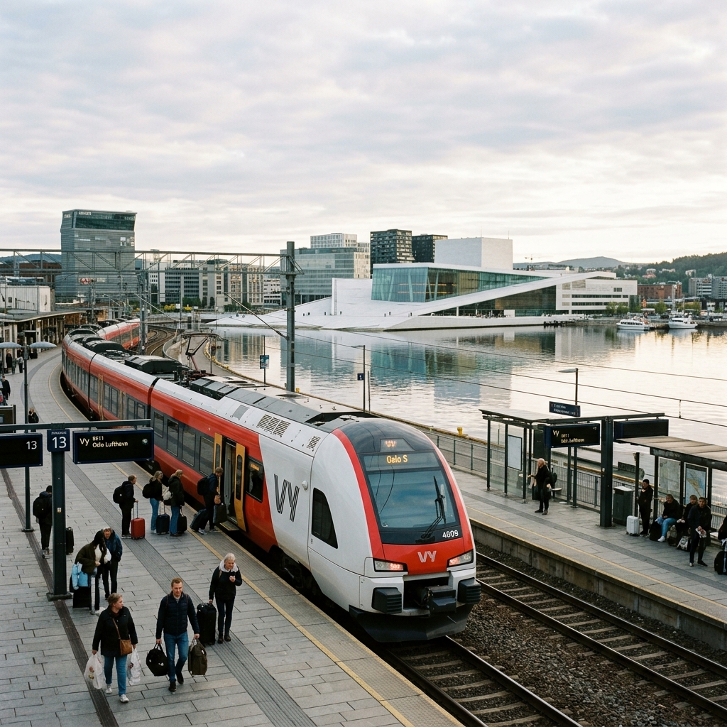 A modern passenger train standing at the platform of Oslo Central Station, with the Oslo Opera House and fjord visible in the background