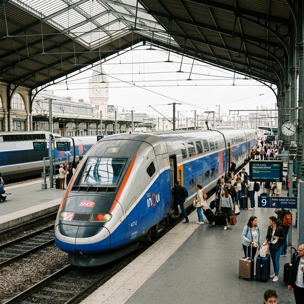 A blue and grey double-decker TGV InOui train standing at a platform at Paris Gare de Lyon station