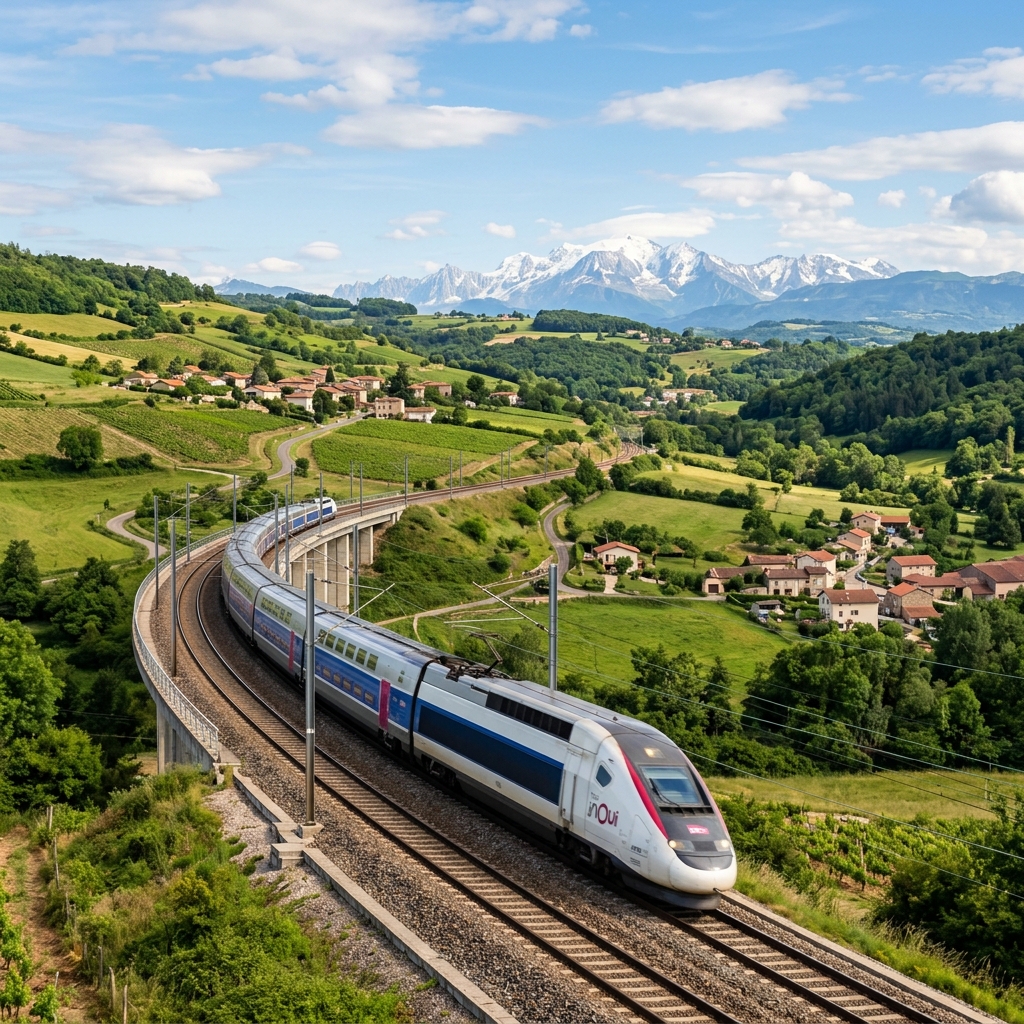 A high-speed TGV train curving through the French countryside towards the Alps