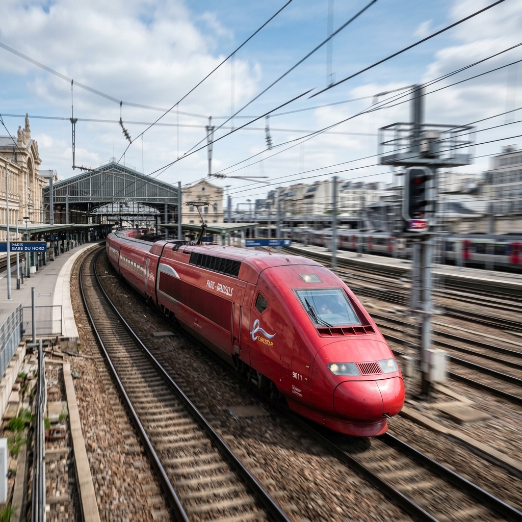 A red Eurostar high-speed train leaving Gare du Nord station in Paris, heading towards Brussels
