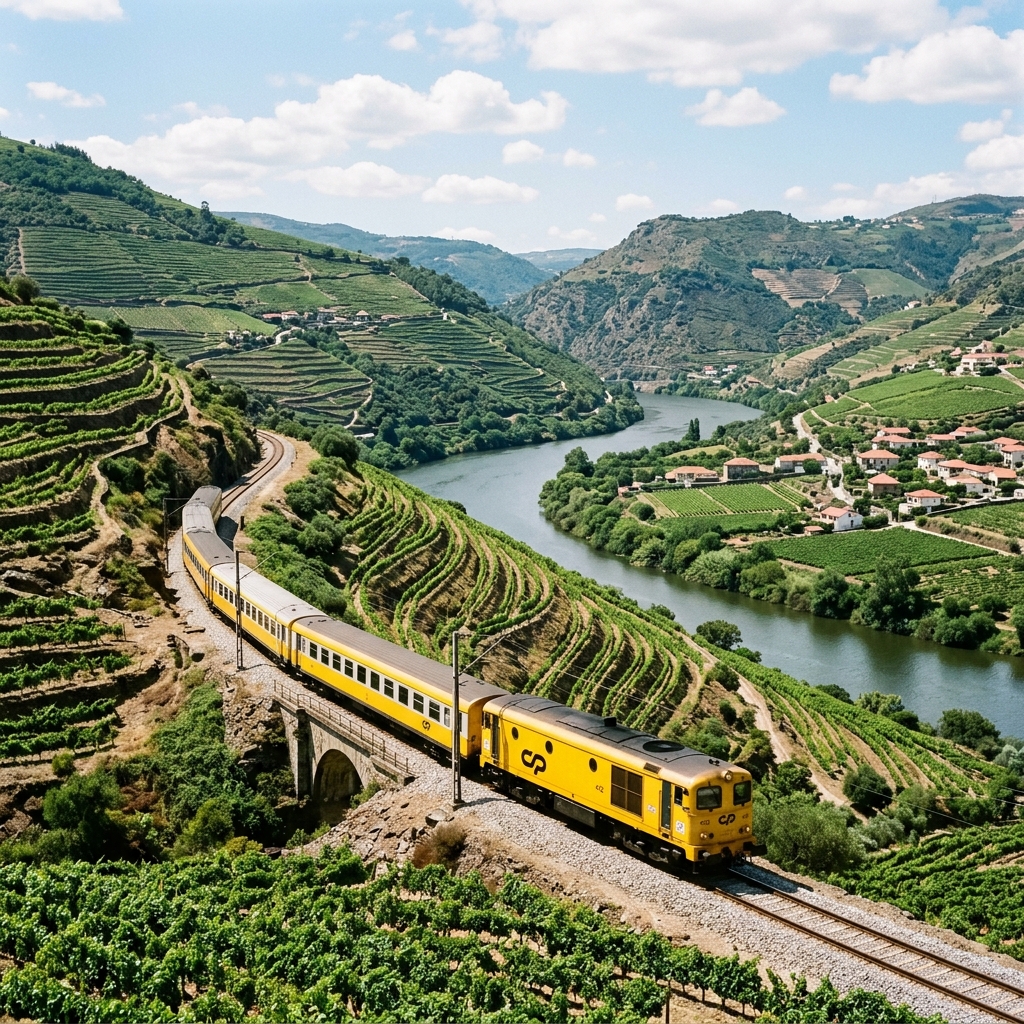 A yellow Portuguese train traveling through the Douro Valley countryside