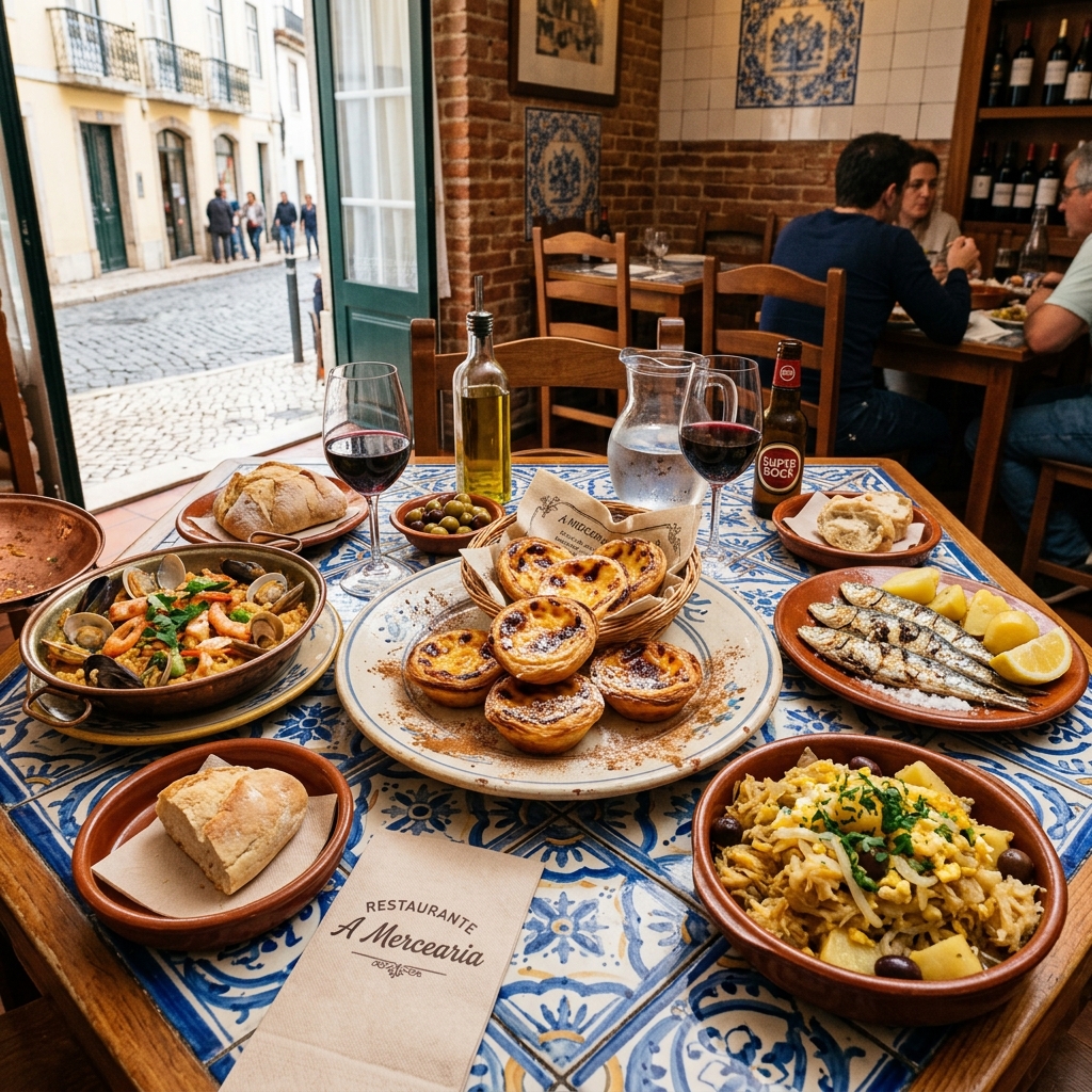A delicious spread of traditional Portuguese dishes, seafood, and fresh Pastel de Nata custard tarts served on a blue and white tiled table in a Lisbon bistro