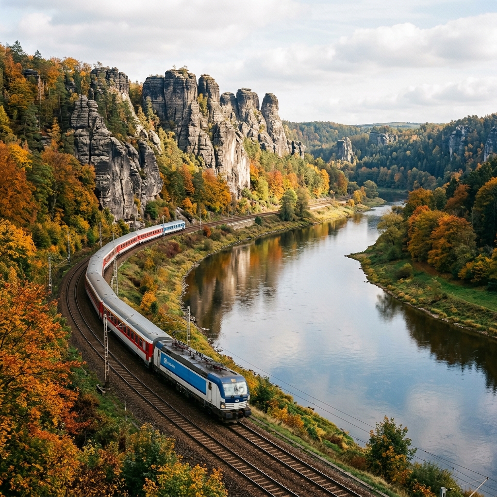 A EuroCity passenger train running along the Elbe River in Saxon Switzerland