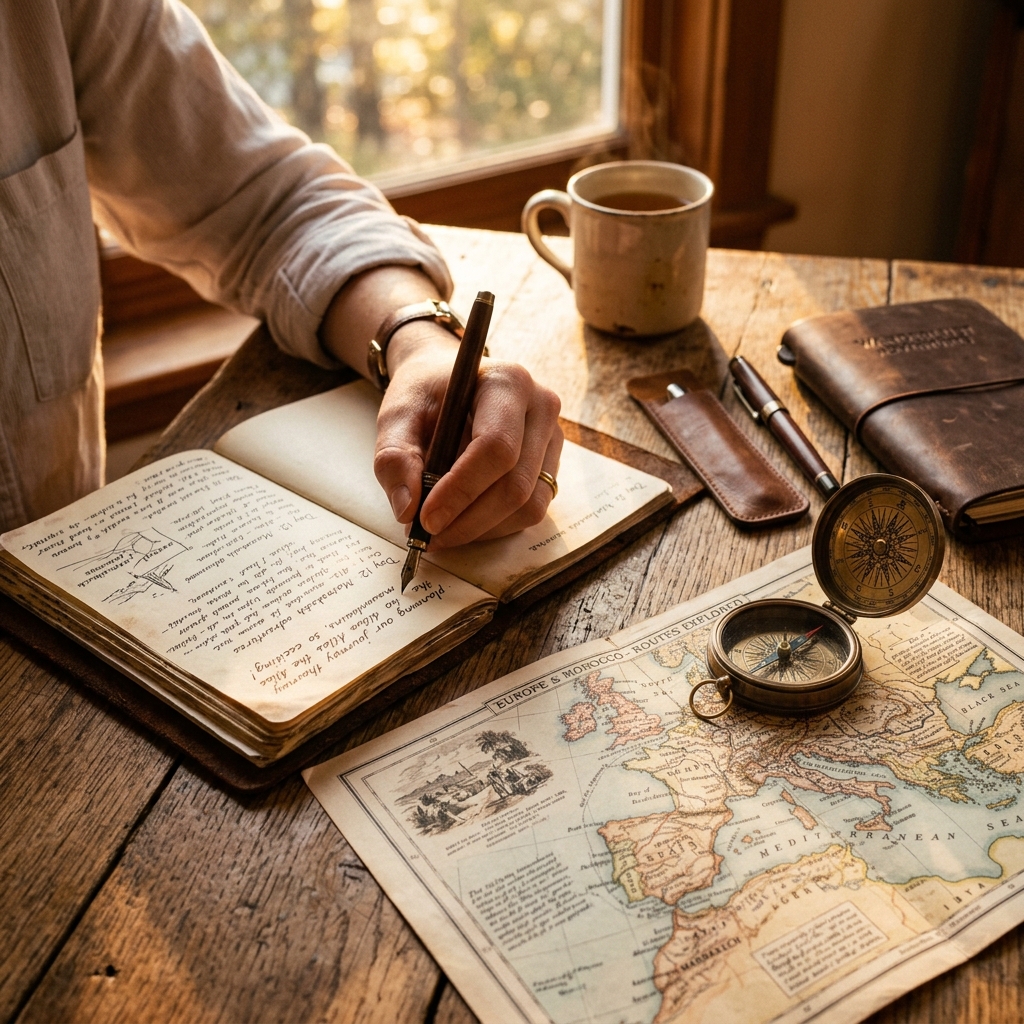 A hand writing in a leather-bound travel journal next to a vintage map and compass on a rustic wooden table during golden hour