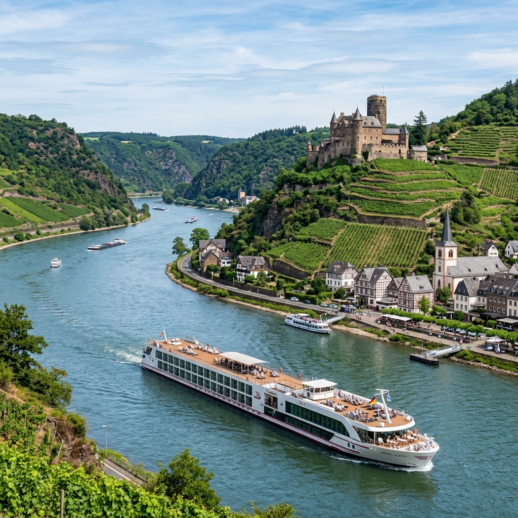 A river cruise ship sailing down the scenic Rhine River in Germany, passing a historic medieval castle on a hill overlooking lush green vineyards