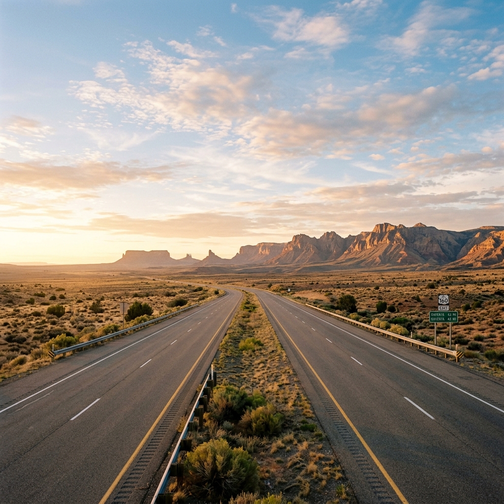 An open scenic highway stretching through desert landscape with red rock mountains in the background at sunset