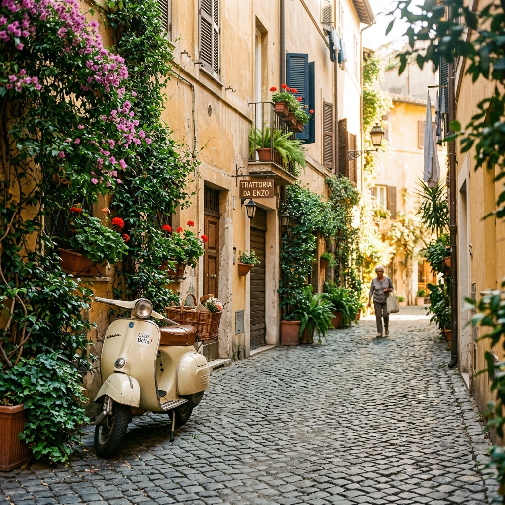 A quiet alleyway in Rome with ivy-draped ochre buildings and a vespa