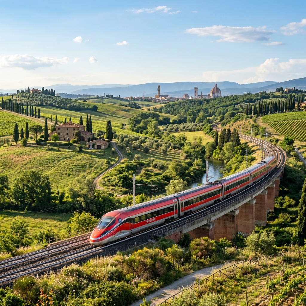A sleek Frecciarossa train crossing the scenic Tuscan countryside