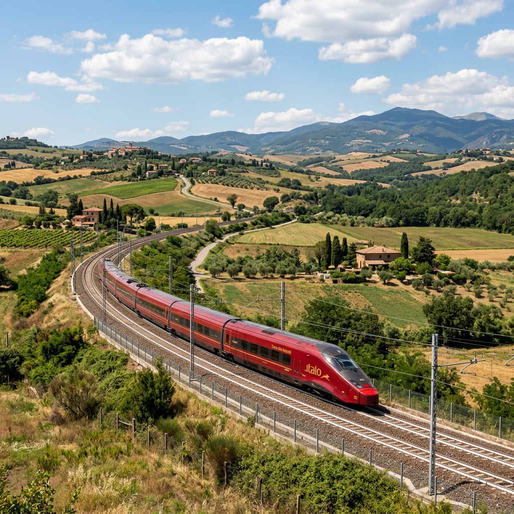 A high-speed Italo train passing through the scenic Lazio countryside