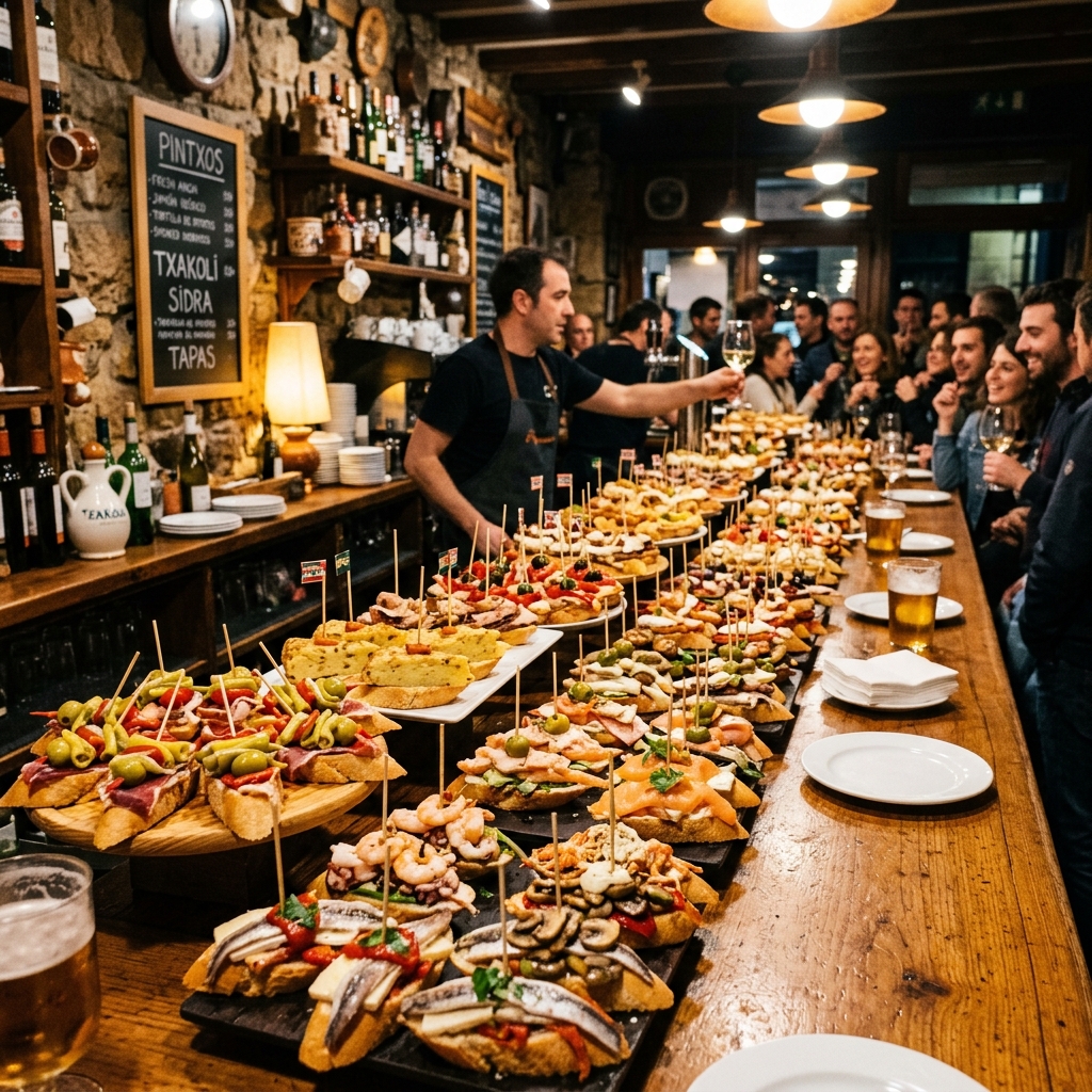 Pintxos displayed along a bar counter in San Sebastian's old quarter