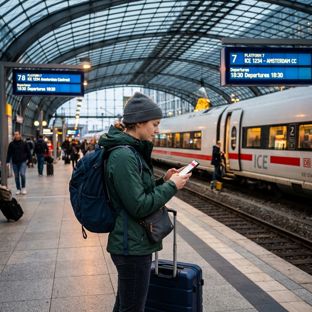 A traveller checking a phone at a European train platform with a backpack