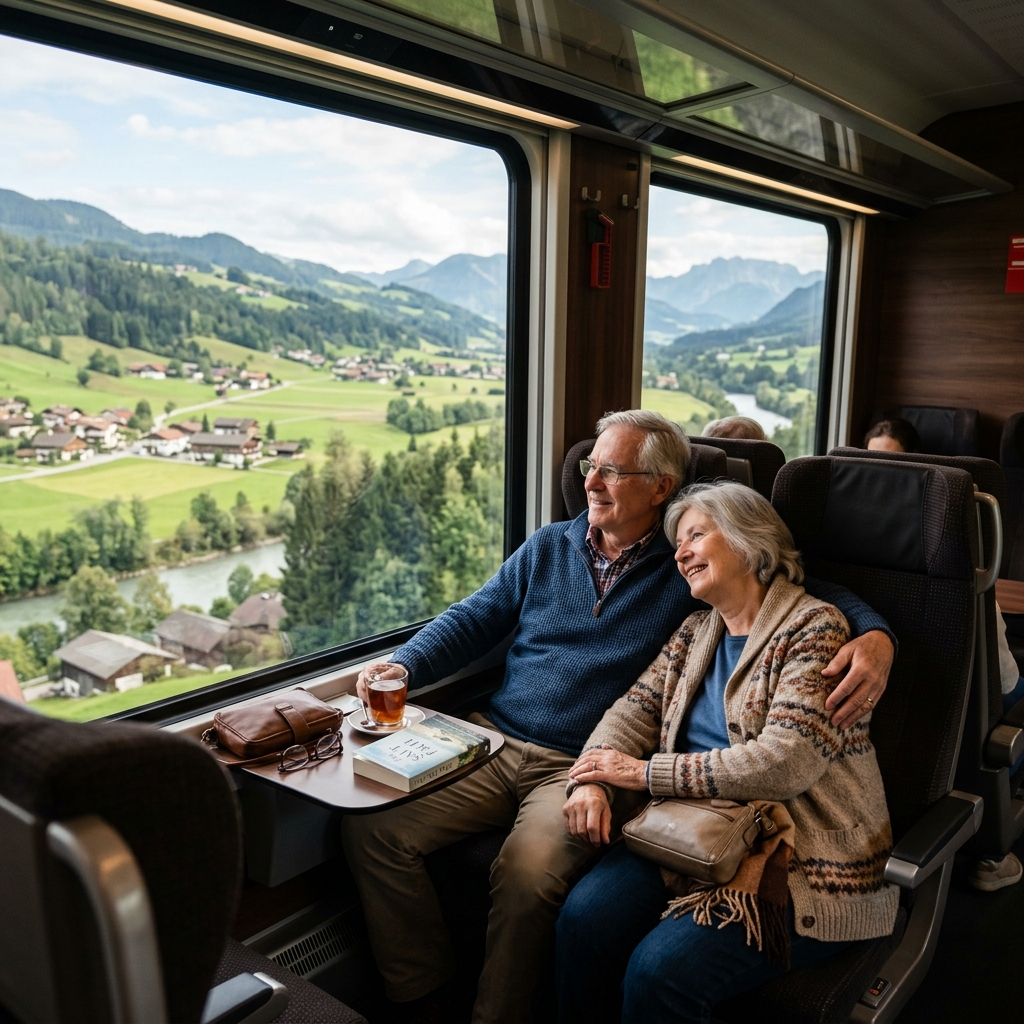 Two older travellers sitting at a window seat on a train, watching the European countryside pass by