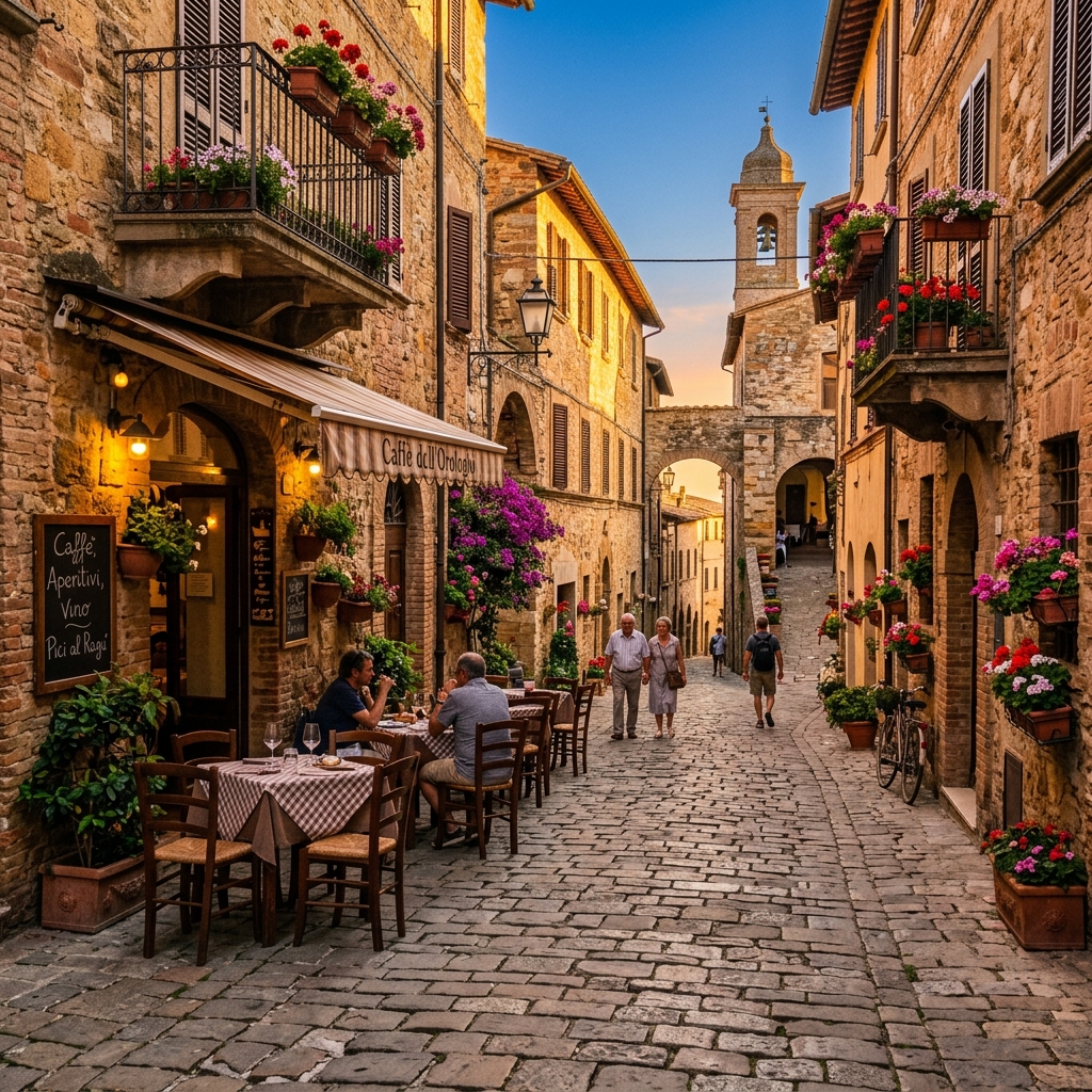 A narrow, cobbled Italian street in a small Tuscan hill town during golden hour, with warm sunlight illuminating stone buildings and outdoor cafe tables