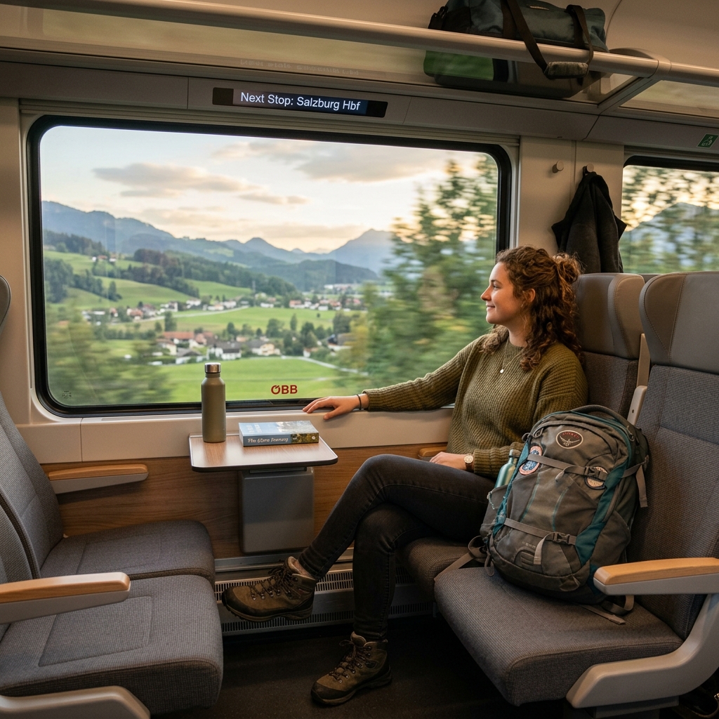A solo female traveller looking out of a European train window at the countryside