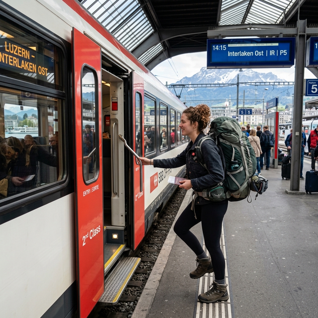 A solo traveller with a backpack looking out at a European train platform