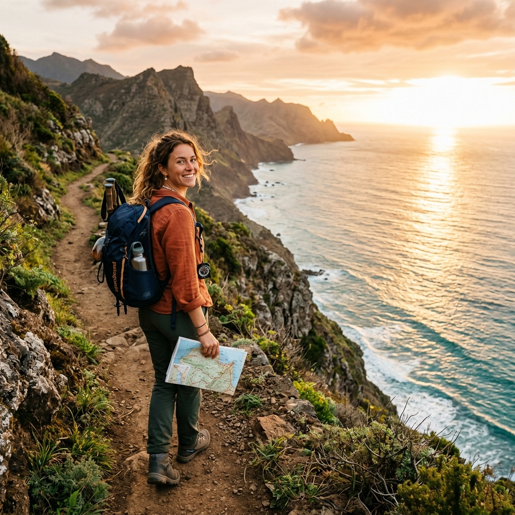 A female backpacker walking on a scenic clifftop path overlooking the coastline at golden hour, holding a map and smiling confidently