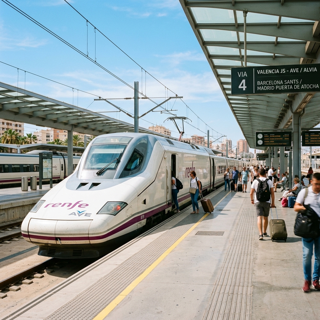 A sleek white Renfe AVE high-speed train at a modern Spanish station platform with blue skies