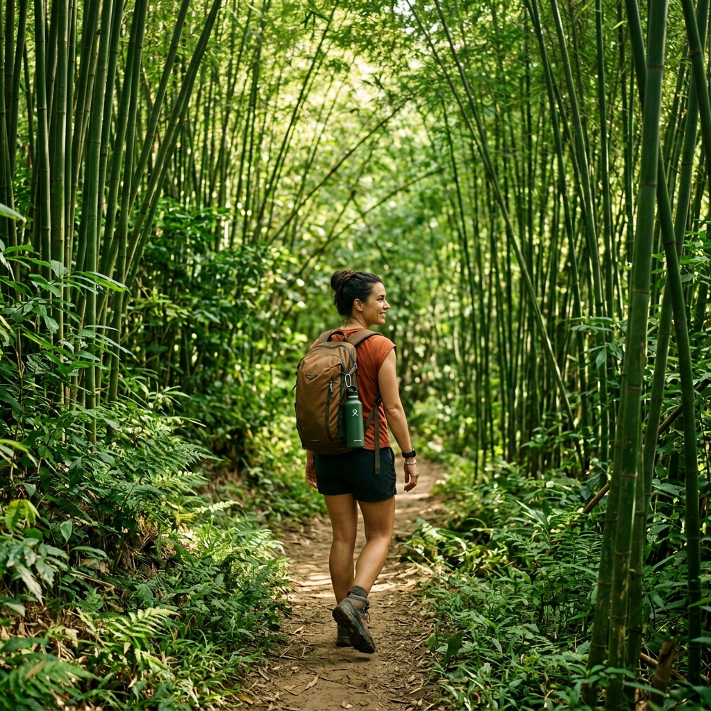 A traveler with a backpack walking along a path winding through a dense bamboo forest with sunlight filtering through the canopy