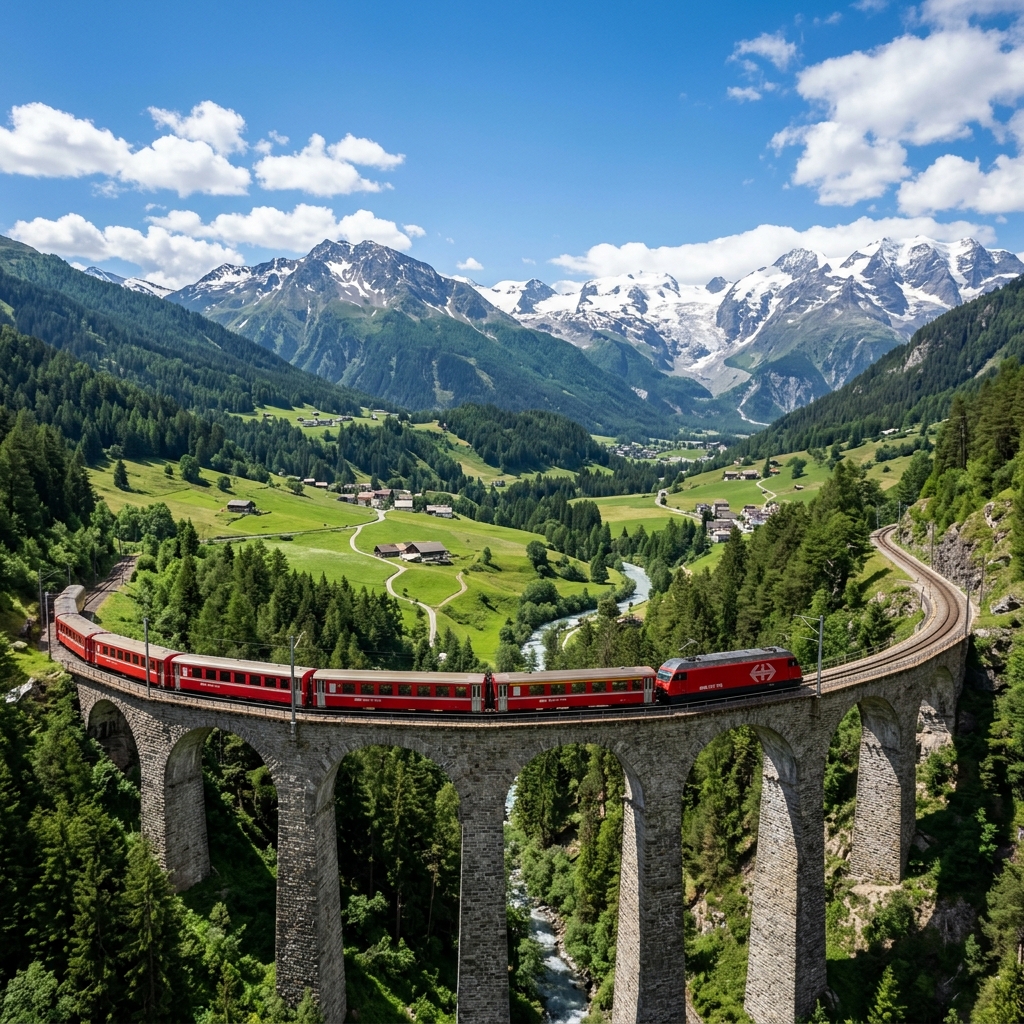 A red Swiss passenger train crossing a high stone viaduct in the Swiss Alps, with green valleys and snow-capped peaks in the background