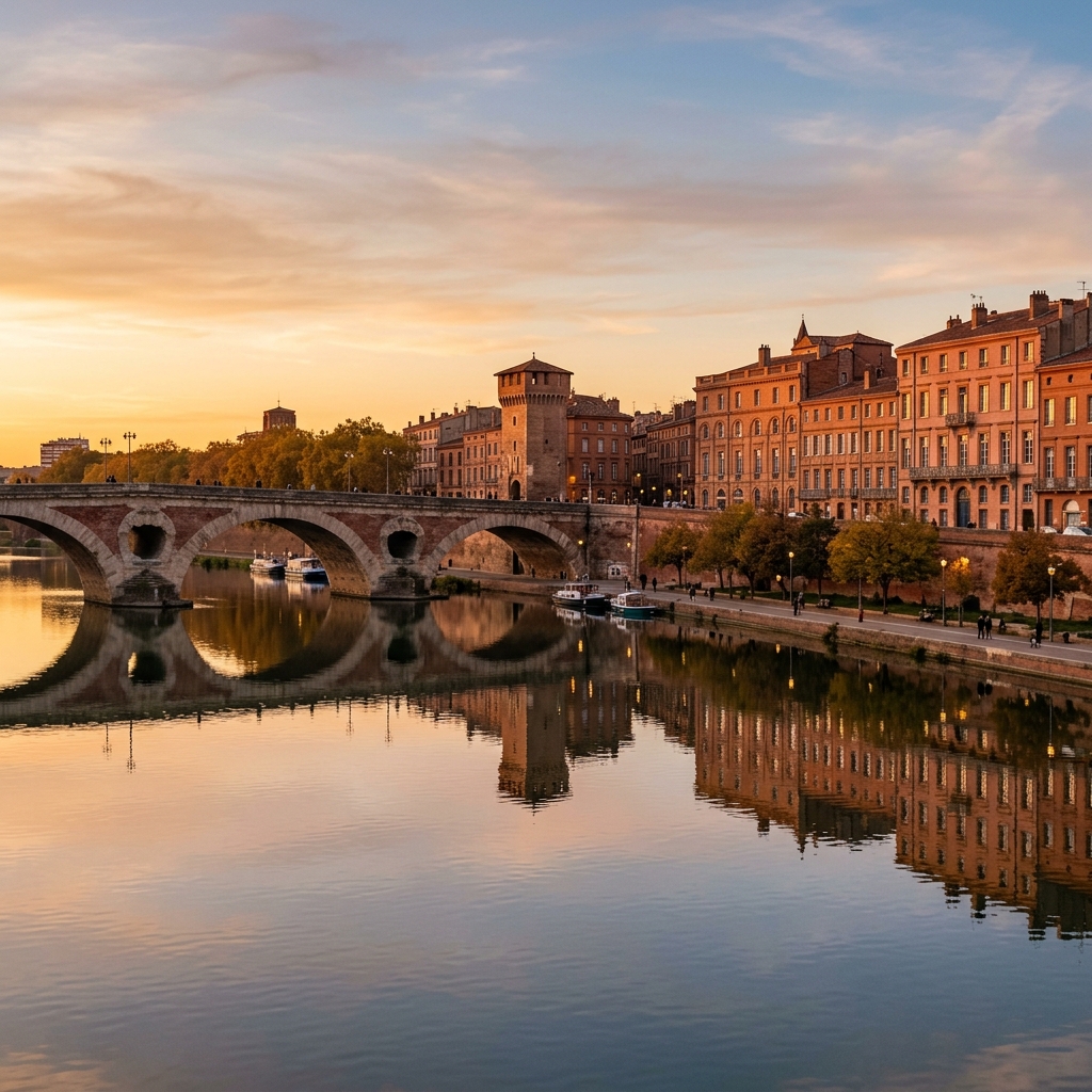 The historic pink stone buildings of Toulouse and the Pont Neuf bridge reflected in the calm Garonne river at golden hour