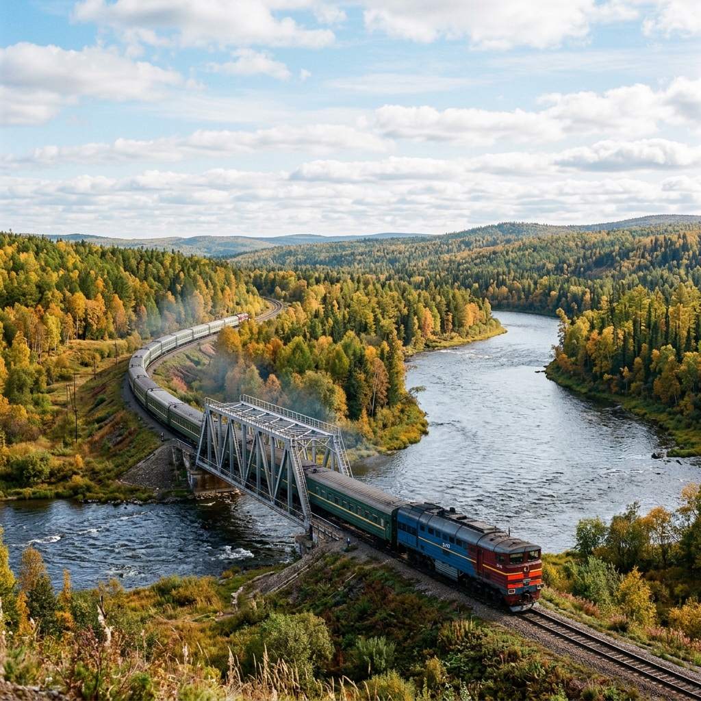 A passenger train traveling across the vast Siberian landscape of forests and rivers in Russia