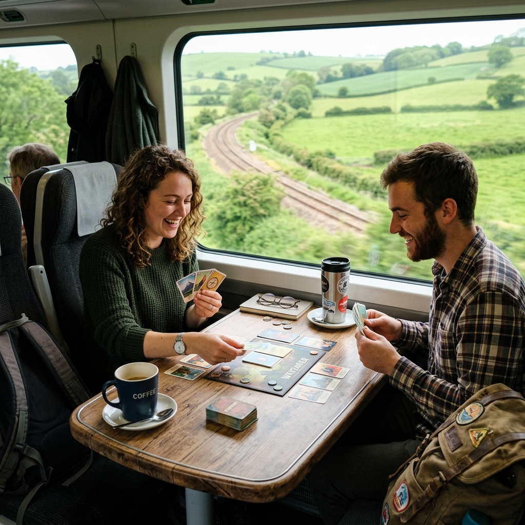 Two travelers playing cards at a train window with countryside passing outside