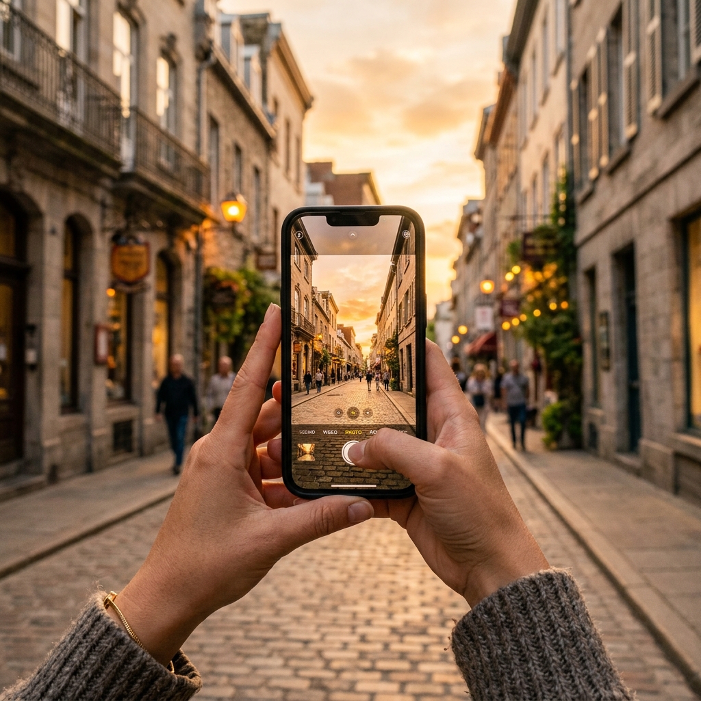 A person's hands holding a smartphone to take a photo of a picturesque historic European street at golden hour