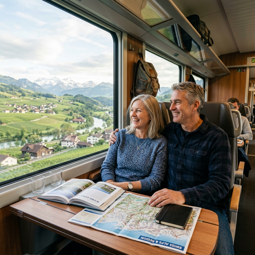 A happy couple in their 50s sitting in a modern European train compartment, looking at maps and books while enjoying the passing alpine landscape