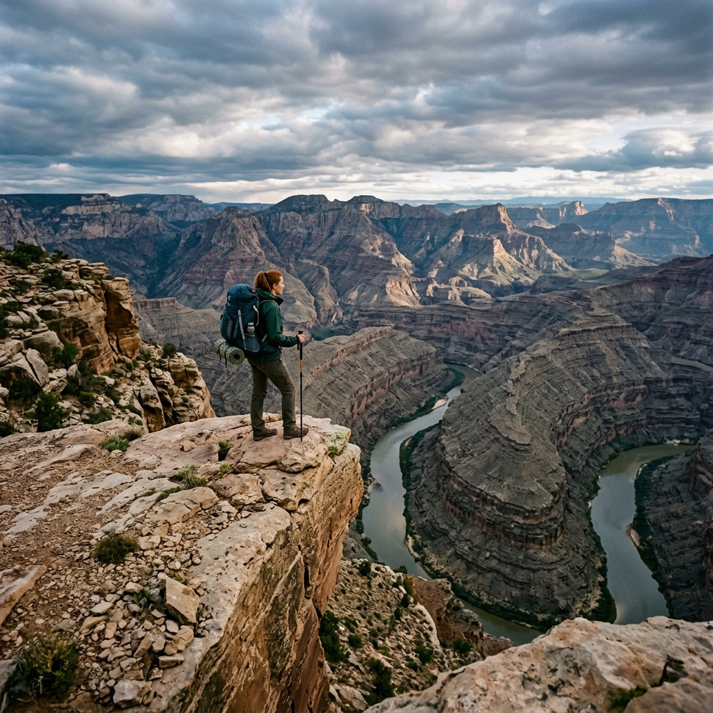 An adventurer with a backpack standing on a high cliff overlooking a dramatic, winding river canyon under cloudy skies