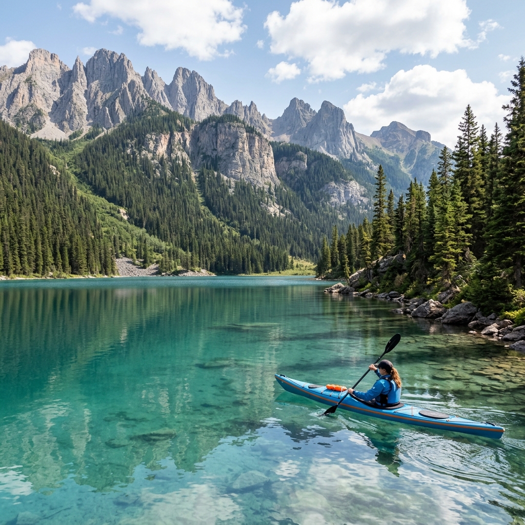 A traveler in a blue kayak paddling across a crystal clear turquoise alpine lake surrounded by pine forests and steep limestone peaks