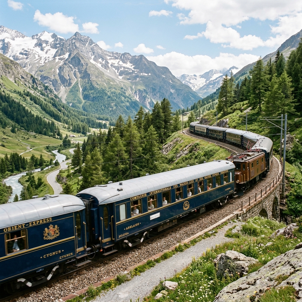 The luxurious vintage dark blue and gold carriages of the Venice Simplon-Orient-Express train passing through scenic mountains