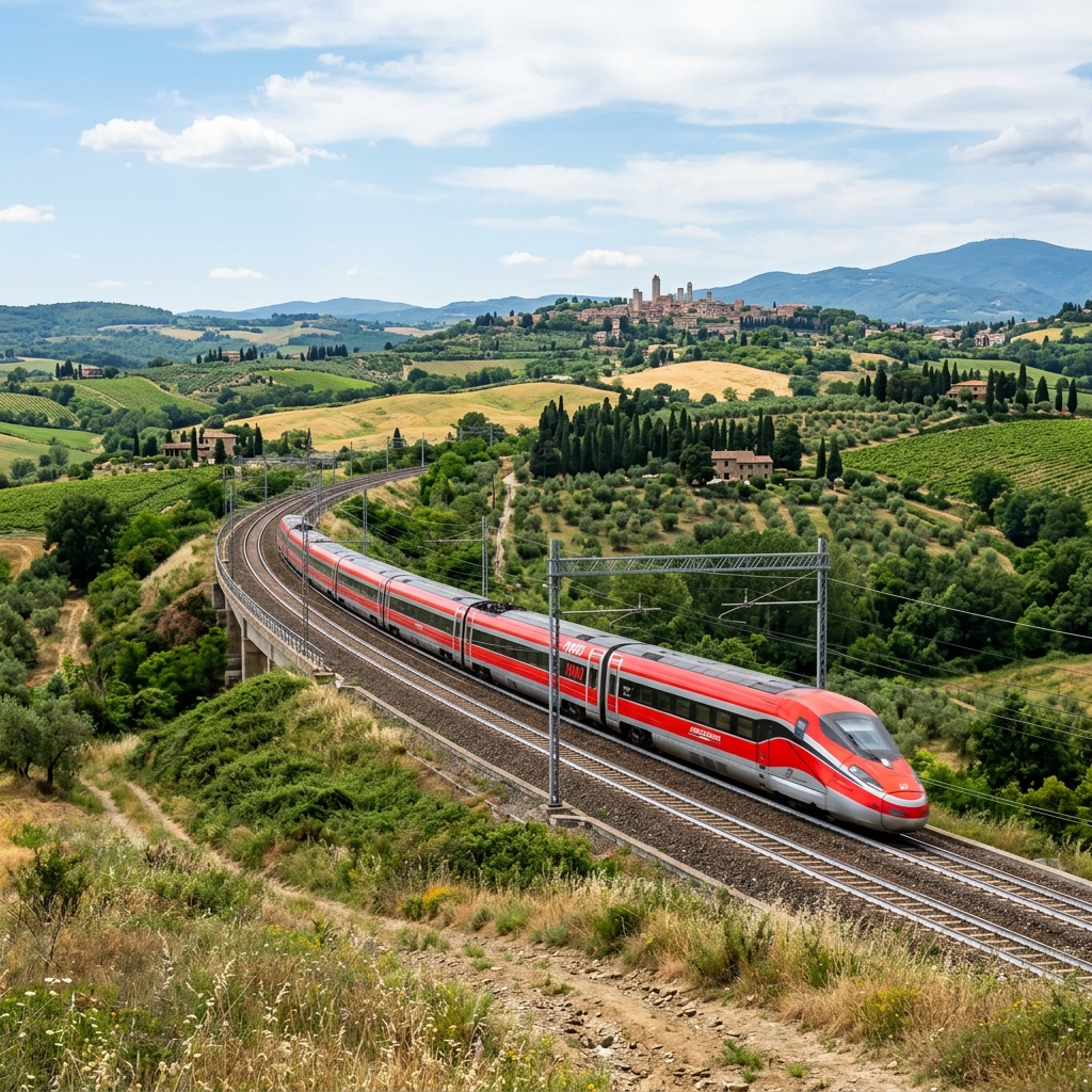 A high-speed Frecciarossa train speeding through the scenic green hills of Tuscany on the railway line between Venice and Rome